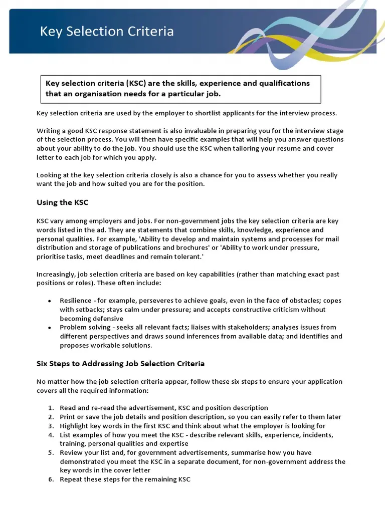 Key Selection Criteria | PDF | Résumé | Cognition